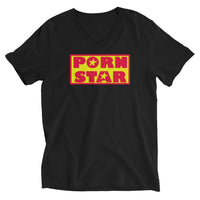 Yellow Red Porn Star Logo design on unisex V-neck shirt, front view