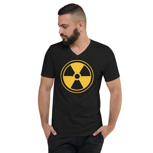 Radiation Warning Symbol design on unisex V-neck shirt, front view