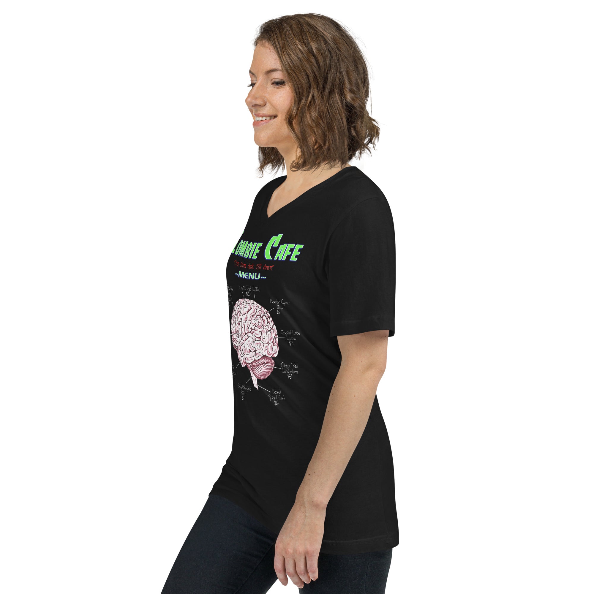 Zombie Cafe Brains Menu Horror Women's Short Sleeve V-Neck T-Shirt - Edge of Life Designs