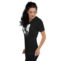 Aleister Crowley design on unisex V-neck shirt, left-front view
