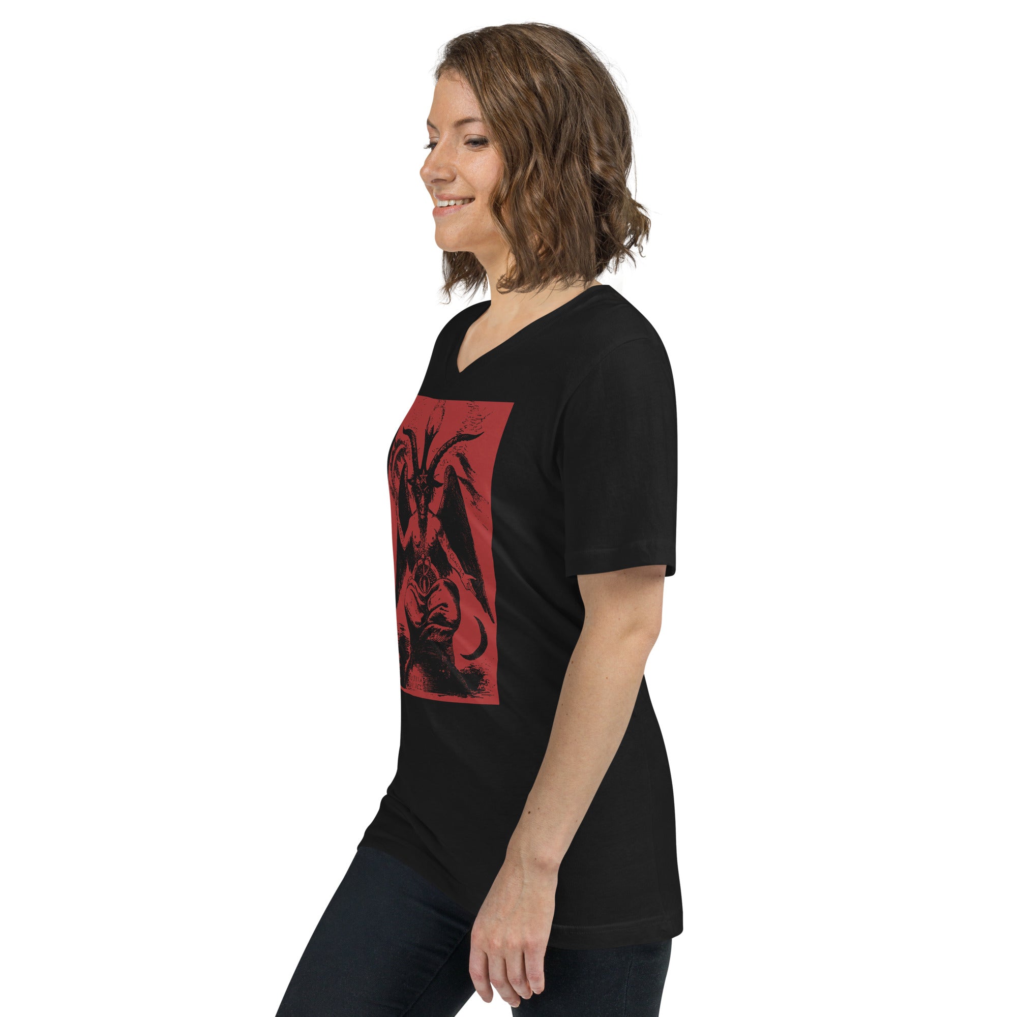 Original Baphomet Éliphas Lévi Drawing Women's Short Sleeve V-Neck T-Shirt Red Print - Edge of Life Designs