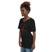 Red Sigil of Baphomet design on unisex V-neck shirt, left-front view