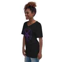 Purple Sigil of Baphomet design on unisex V-neck shirt, left-front view