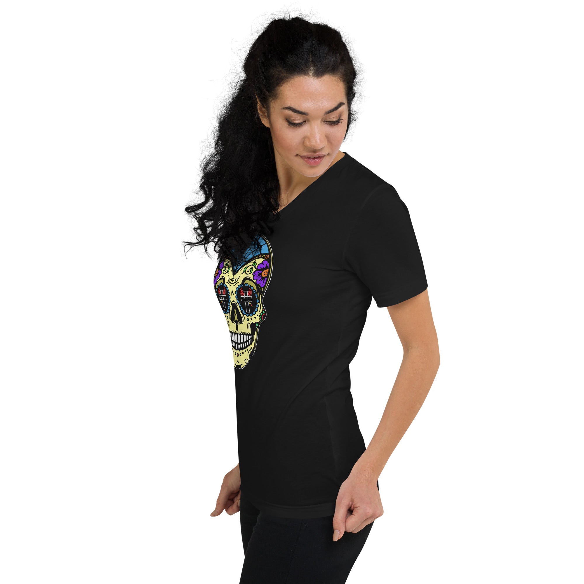 Colorful Sugar Skull Day of the Dead Halloween Women’s Short Sleeve V-Neck T-Shirt - Edge of Life Designs