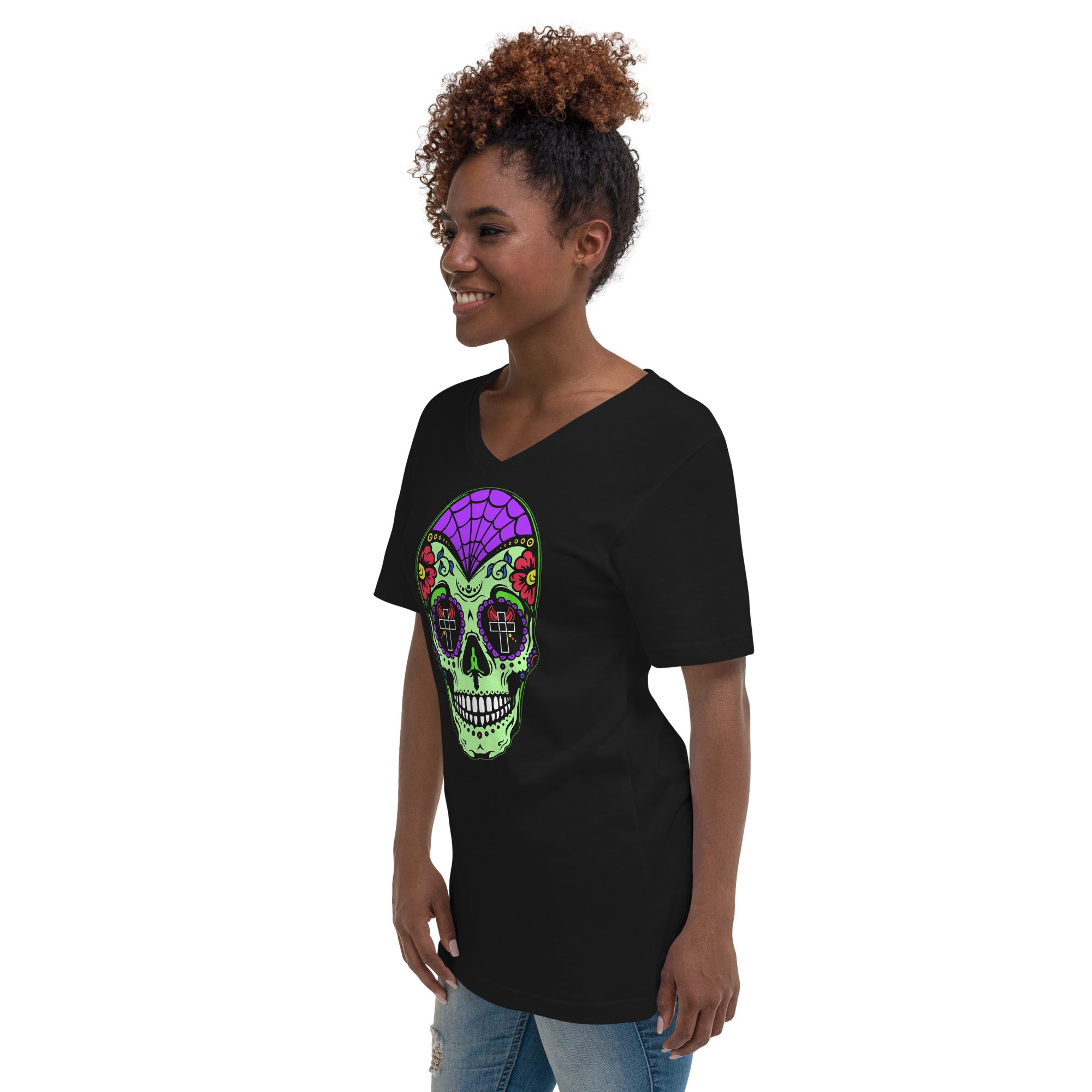 Green Sugar Skull Day of the Dead Halloween Women’s Short Sleeve V-Neck T-Shirt - Edge of Life Designs