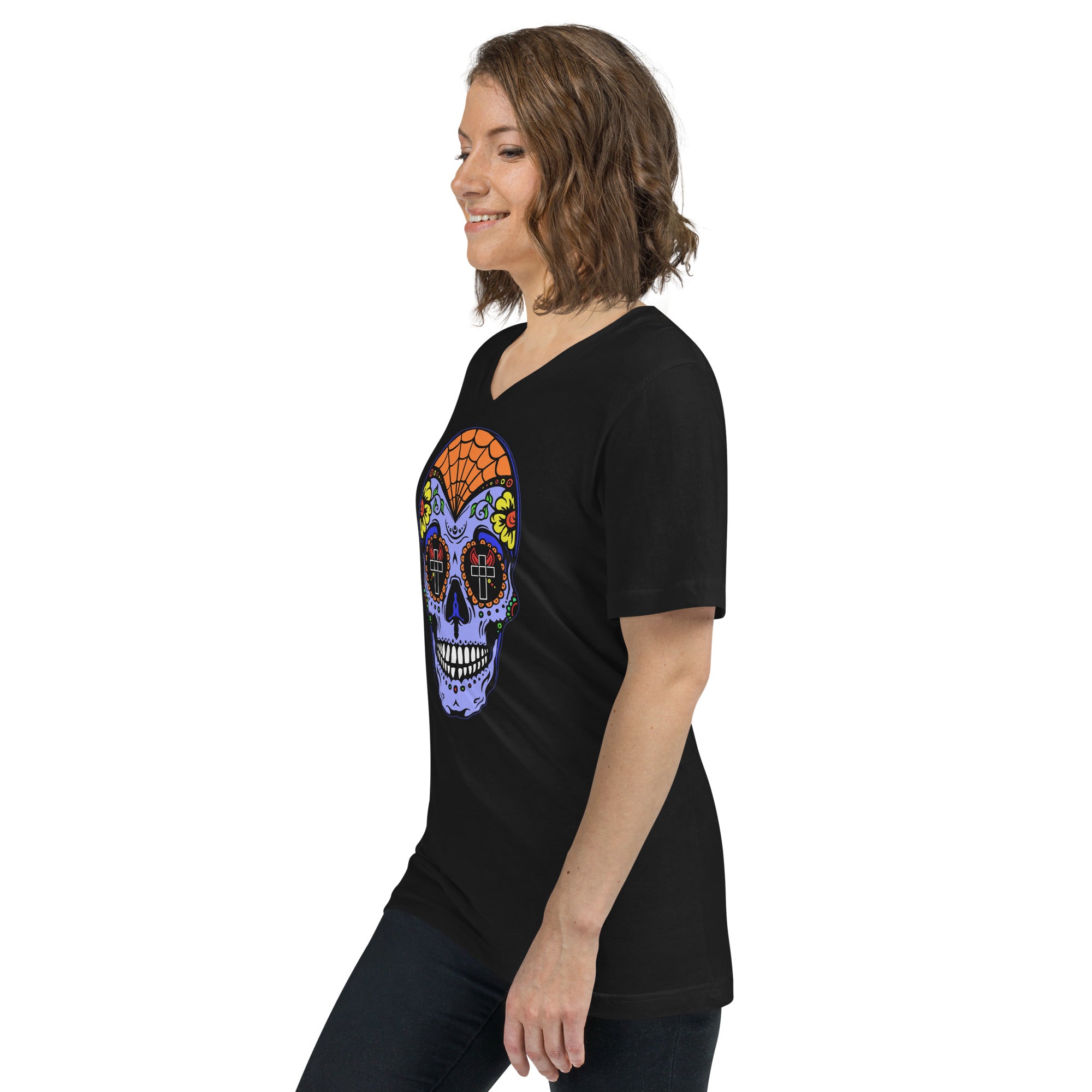 Blue Sugar Skull Day of the Dead Halloween Women’s Short Sleeve V-Neck T-Shirt - Edge of Life Designs