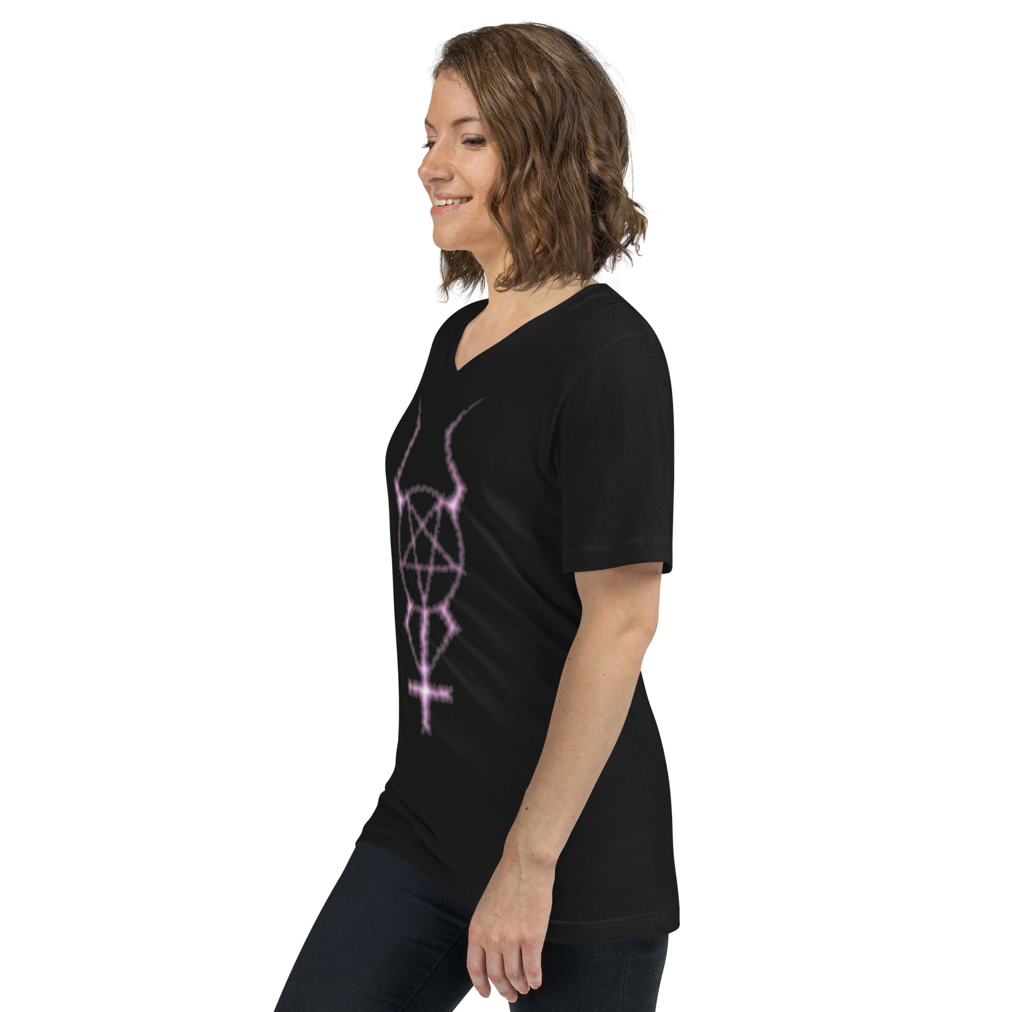 Dark Forces Horned Pentacross Pentagram Cross Women’s Short Sleeve V-Neck T-Shirt - Edge of Life Designs