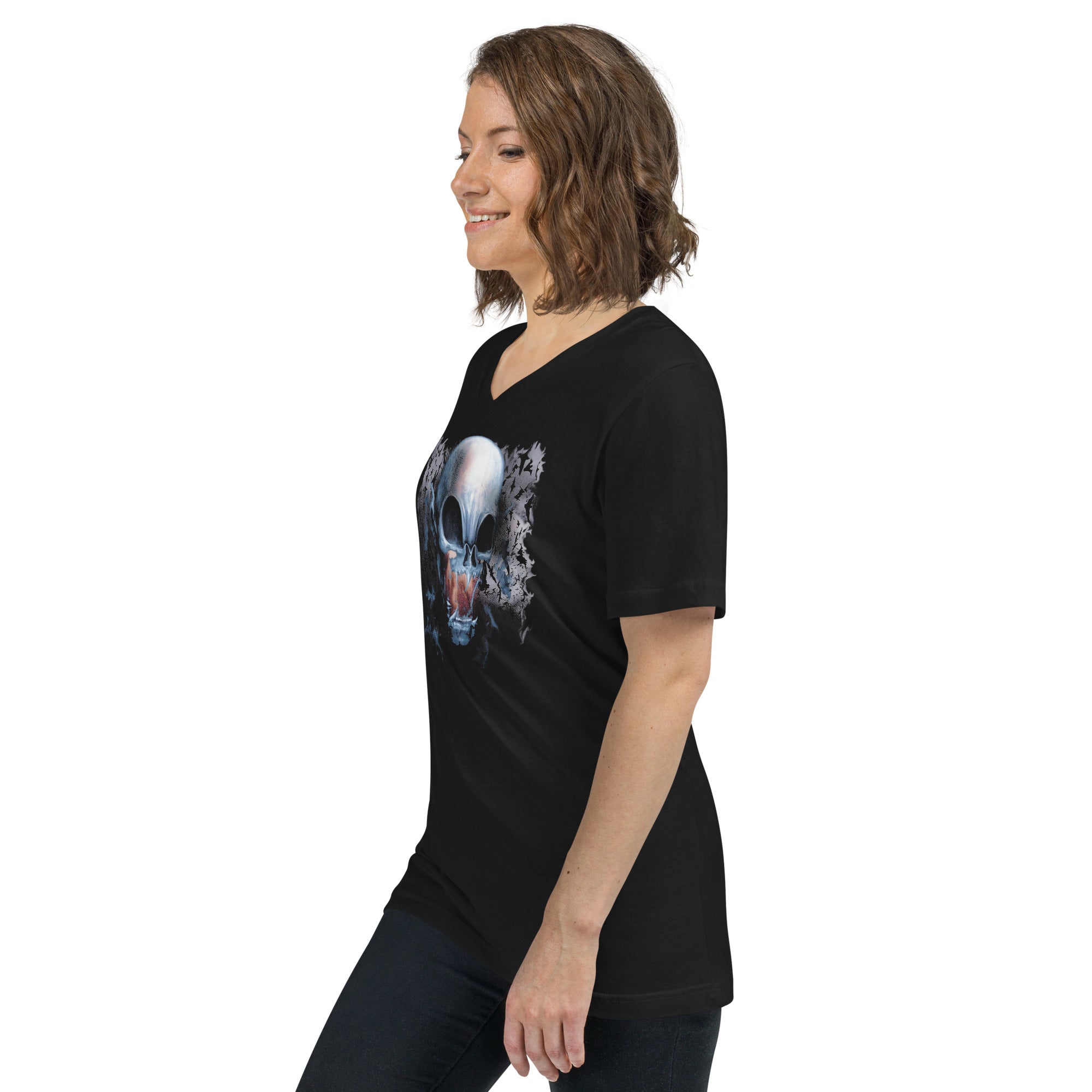 Vampire Demon Skull Melting with Bats Women’s Short Sleeve V-Neck T-Shirt - Edge of Life Designs