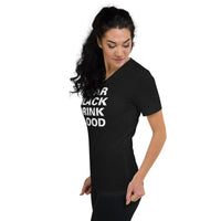 Wear Black Drink Blood design on unisex V-neck shirt, left-front view