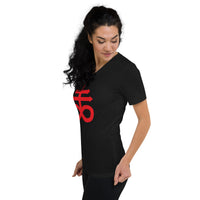 Red Leviathan Cross design on unisex V-neck shirt, left-front view