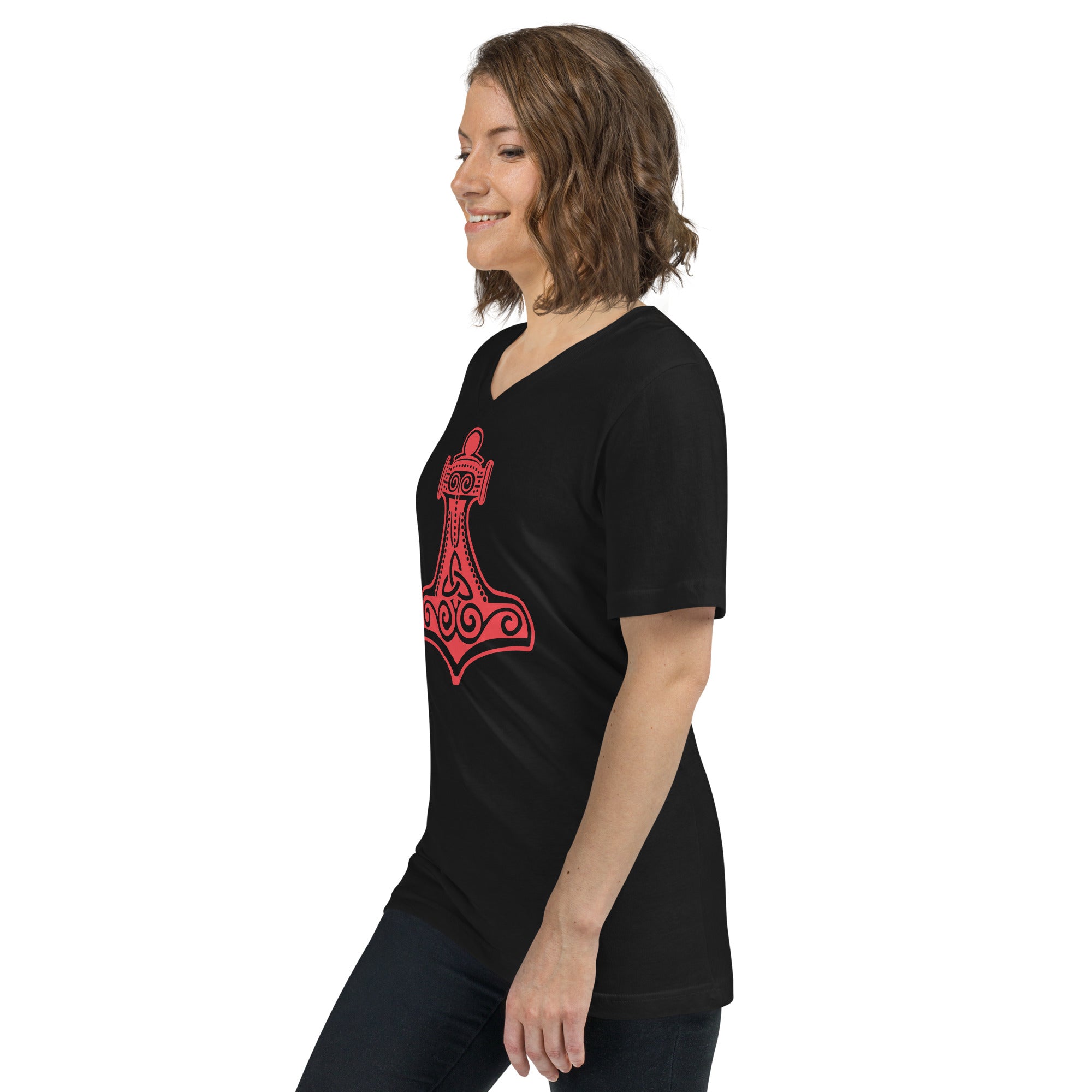 Thor's Hammer Mjolnir Norse Mythology Women’s Short Sleeve V-Neck T-Shirt Red Print - Edge of Life Designs