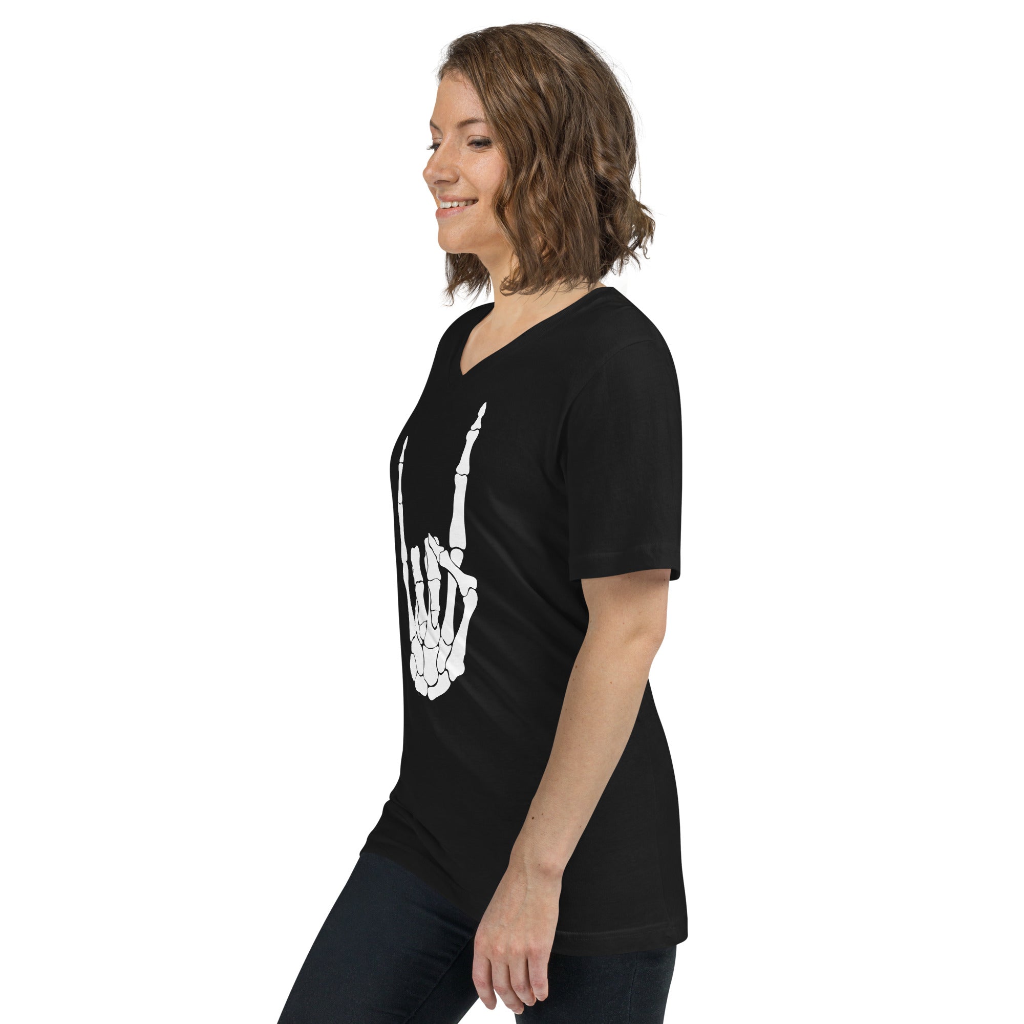 Devil Bone Hand Heavy Metal Horns Up Sign Women’s Short Sleeve V-Neck T-Shirt White Print - Edge of Life Designs