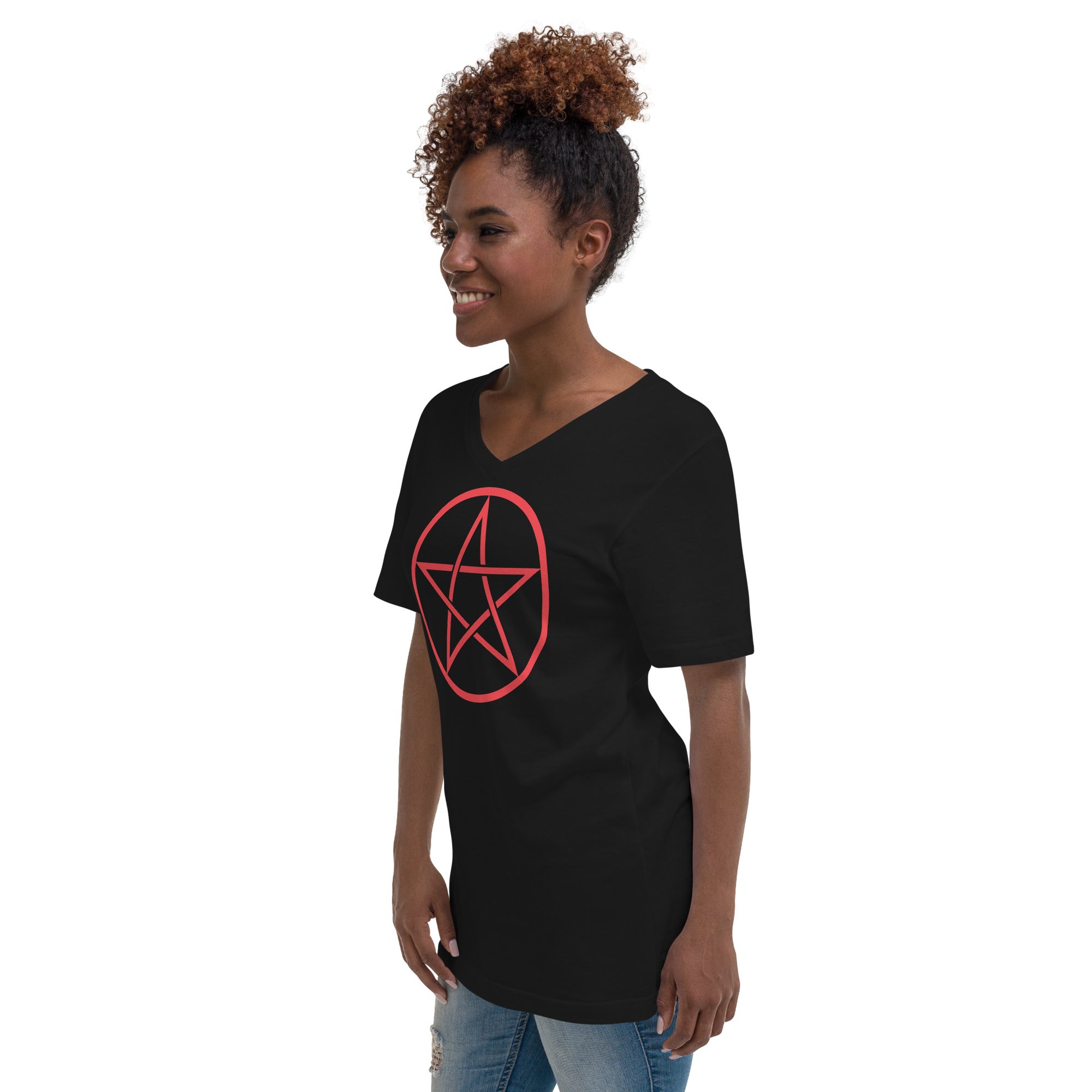 Red Goth Wiccan Woven Pentagram Women’s Short Sleeve V-Neck T-Shirt