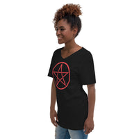 Red Wiccan Pentagram design on unisex V-neck shirt, left-front view
