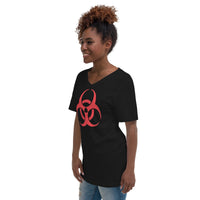 Red Biohazard Symbol design on unisex V-neck shirt, left-front view
