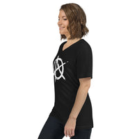 White Anarchy Symbol design on unisex V-neck shirt, left-front view