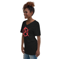 Red Anarchy Symbol design on unisex V-neck shirt, left-front view