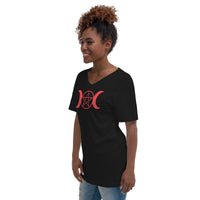 Red Triple Moon Goddess design on unisex V-neck shirt, left-front view