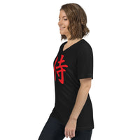 Red Samurai Kanji 侍 design on unisex V-neck shirt, left-front view