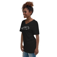 Classic Funeral Hearse design on unisex V-neck shirt, left-front view