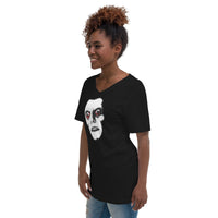 Pazuzu Captain Howdy design on unisex V-neck shirt, left-front view