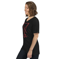 Red Sigil of Lucifer design on unisex V-neck shirt, left-front view