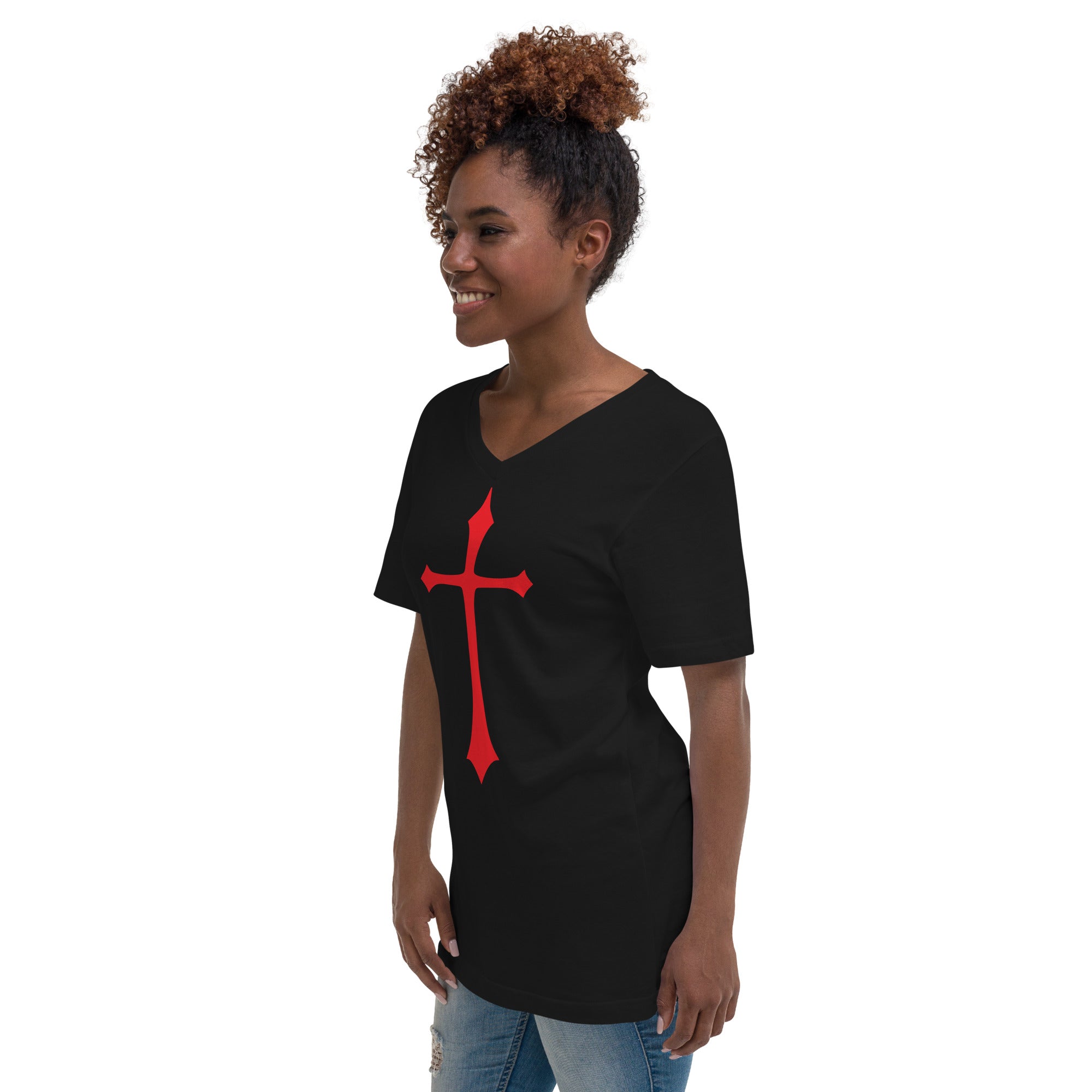 Red Gothic Medeival Holy Cross Women’s Short Sleeve V-Neck T-Shirt