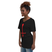 Red Inverted Cross design on unisex V-neck shirt, left-front view
