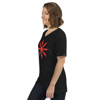 Red Chaos Star design on unisex V-neck shirt, left-front view