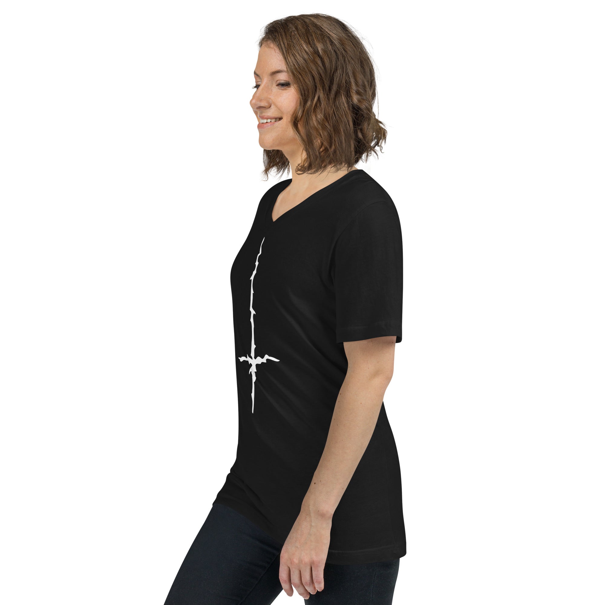 White Melting Inverted Cross Black Metal Style Women’s Short Sleeve V-Neck T-Shirt