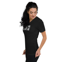 Black White Gothic Stripes design on unisex V-neck shirt, left-front view