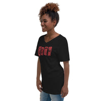 Black Red Gothic Stripes design on unisex V-neck shirt, left-front view