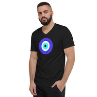 Classic Evil Eye design on unisex V-neck shirt, left-front view