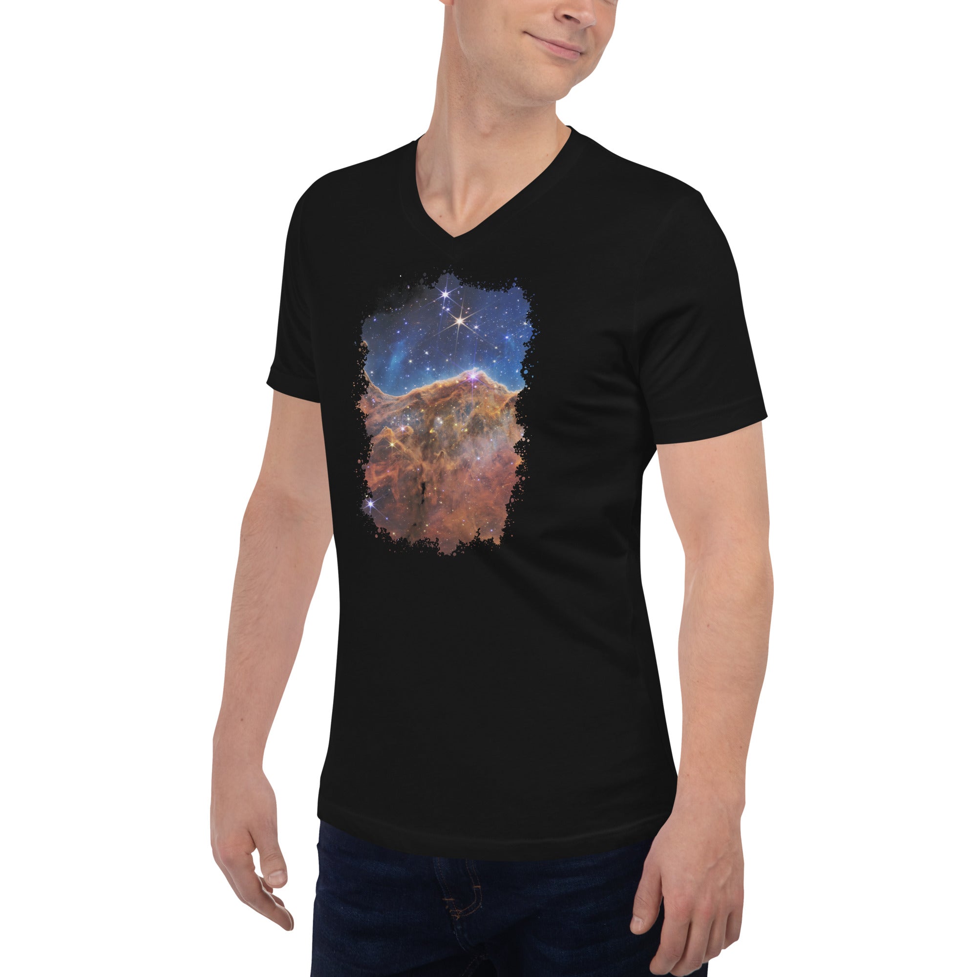 The Carina Nebula Space Graveyard JWST Short Sleeve V-Neck T-Shirt