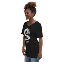 Ancient Chinese Loong Dragon design on unisex V-neck shirt, left-front view
