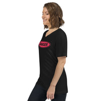 Red Danger Sign design on unisex V-neck shirt, left-front view
