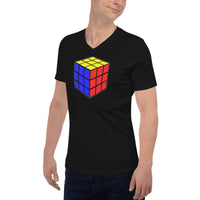 Magic Speed Cube design on unisex V-neck shirt, left-front view