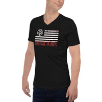 American Satanist Pentagram design on unisex V-neck shirt, left-front view