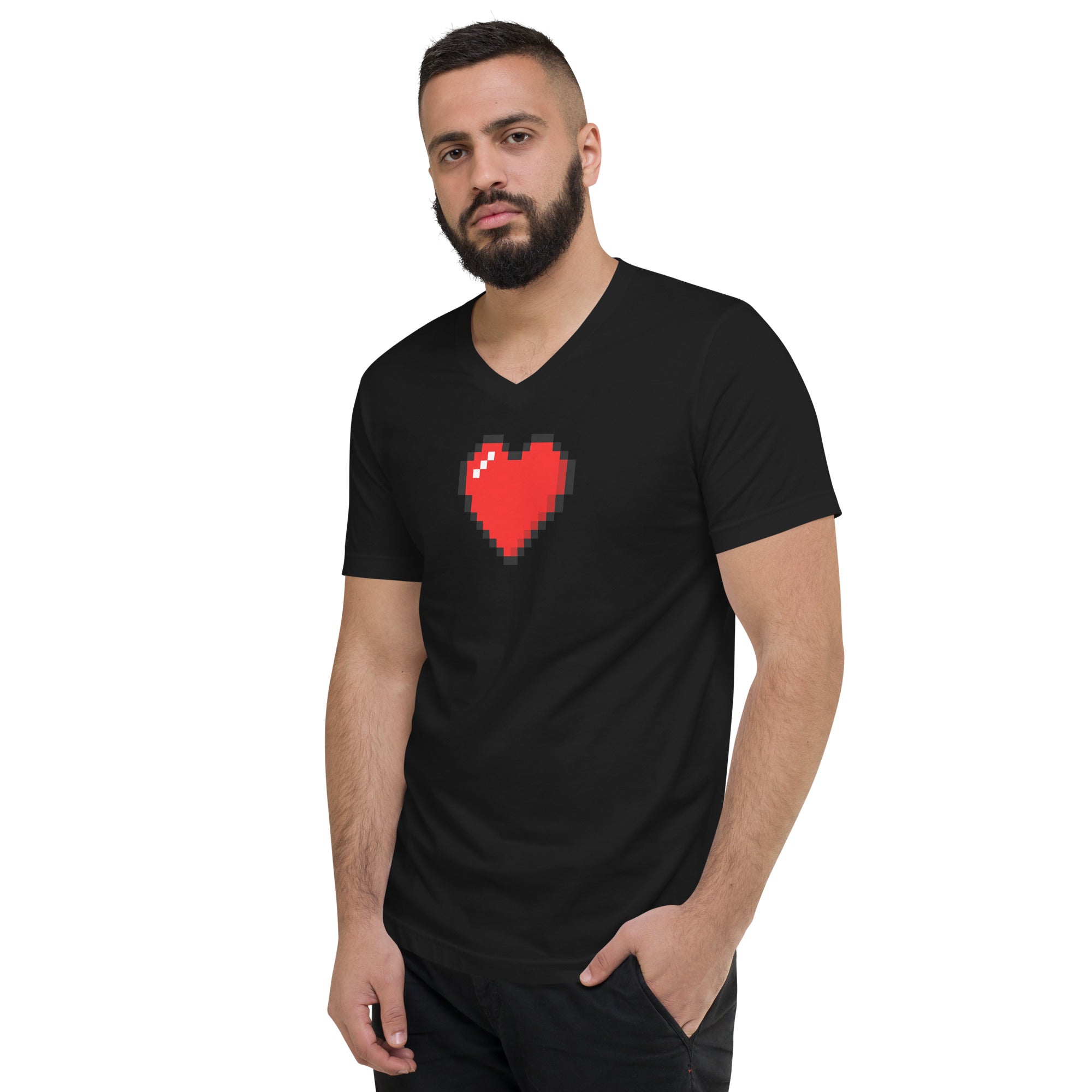 Retro 8 Bit Video Game Pixelated Heart Short Sleeve V-Neck T-Shirt