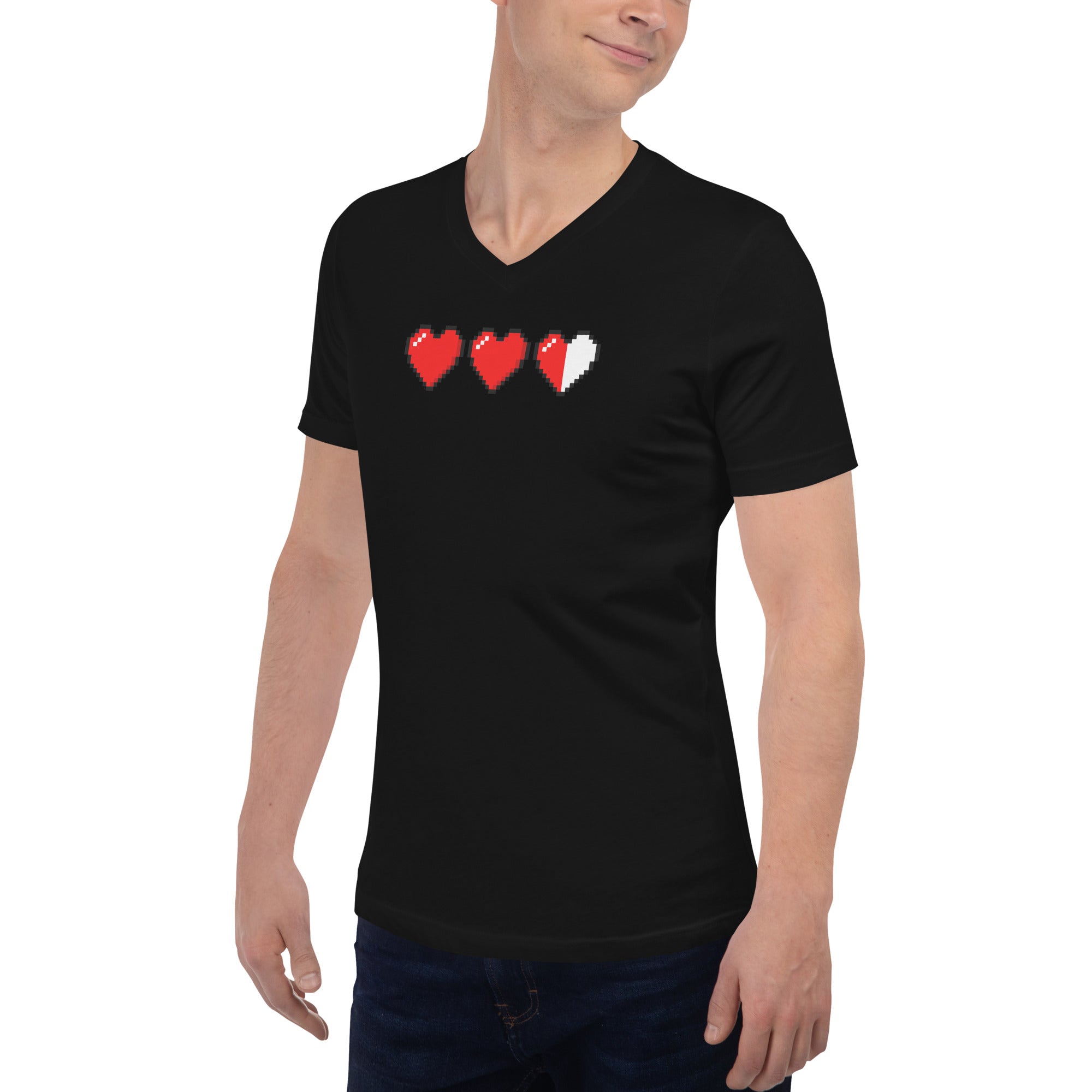 3 Heart Meter Retro 8 Bit Video Game Pixelated Short Sleeve V-Neck T-Shirt