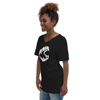 White Novelty Vampire Fangs design on unisex V-neck shirt, left-front view