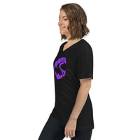 Purple Novelty Vampire Fangs design on unisex V-neck shirt, left-front view