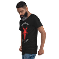 In Satan We Trust 666 Goat Head design on unisex V-neck shirt, left-front view