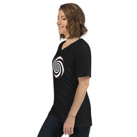 Hypnotic Spiral Illusion design on unisex V-neck shirt, left-front view