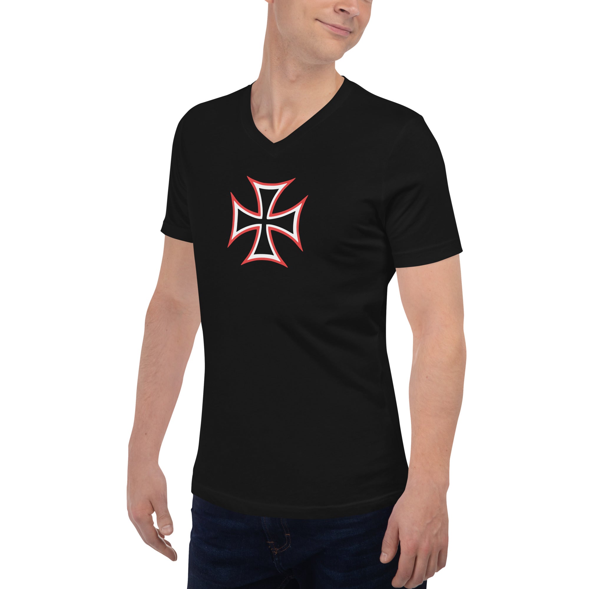 Red and White Occult Biker Cross Symbol Short Sleeve V-Neck T-Shirt