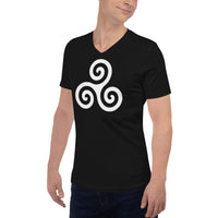 White Triskelion design on unisex V-neck shirt, left-front view