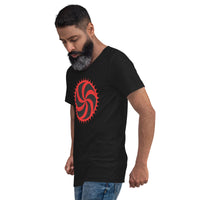 Red Deadly Swirl design on unisex V-neck shirt, left-front view