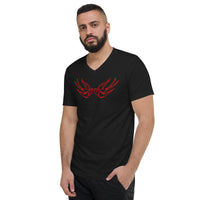 Red Falling Sparrows design on unisex V-neck shirt, left-front view