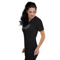 White Falling Sparrows design on unisex V-neck shirt, left-front view