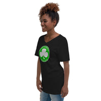 Silver Shamrock Novelties design on unisex V-neck shirt, left-front view